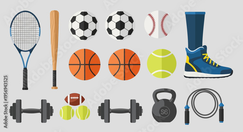 Sports Equipment Assortment: Balls, Weights, Racket, Bat, Shoe, Jump Rope, Football
