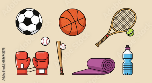 Sports Equipment Assortment: Soccer, Basketball, Tennis, Baseball, Boxing, Yoga Mat, Water Bottle