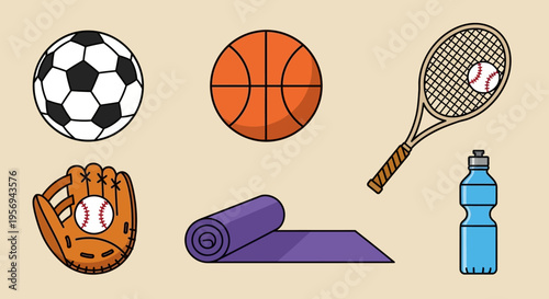 Sports Equipment Assortment: Soccer, Basketball, Tennis, Baseball, Yoga Mat, Water Bottle
