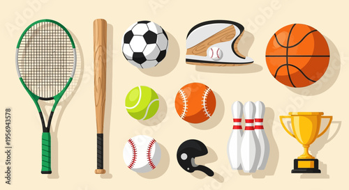 Sports Equipment Assortment: Tennis, Baseball, Soccer, Basketball, Bowling, Trophy