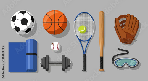 Sports Equipment Assortment: Basketball, Soccer, Tennis, Baseball, Yoga Mat, Dumbbell, Goggles