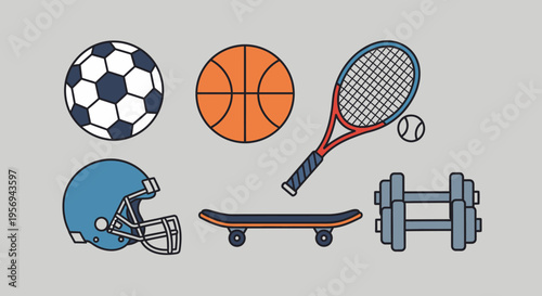 Sports equipment collage: soccer, basketball, tennis, football helmet, skateboard, dumbbells