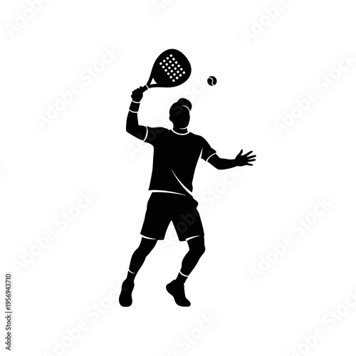 Silhouette of a man playing padel tennis, serving the ball with a racket