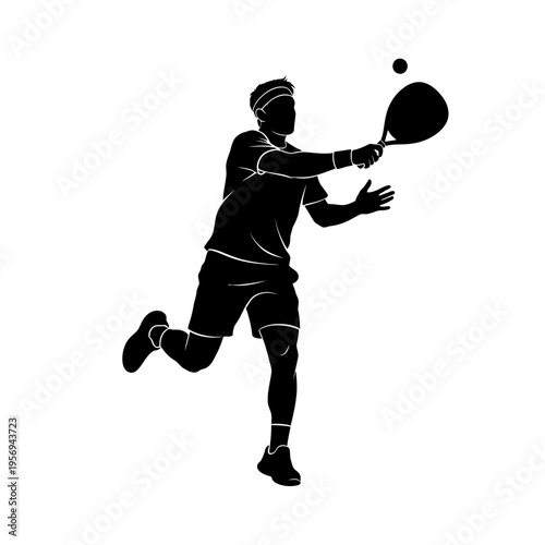 Silhouette of a man playing tennis, hitting a ball with a racket, dynamic action shot