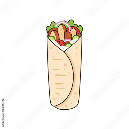 Delicious Shawarma Wrap with Fresh Vegetables and Meat, Cartoon Style