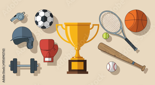 Sports Equipment and Trophy: A Collection of Athletic Gear and Championship Symbol