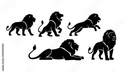 Black lion silhouette icon set with six poses walking roaring jumping sitting lying vector isolated on white background