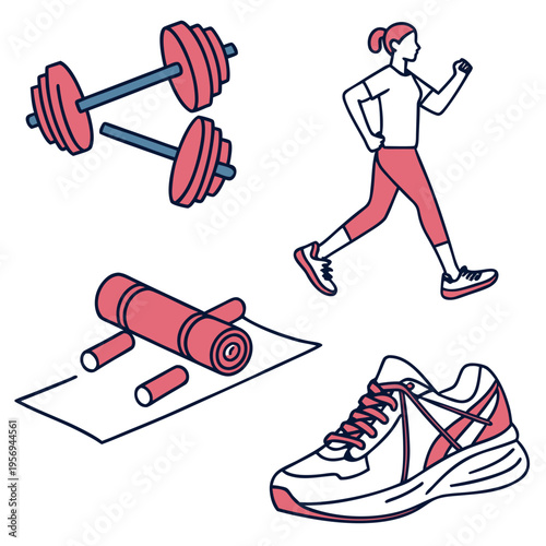 Fitness and exercise including dumbbells, yoga mat, and running shoes