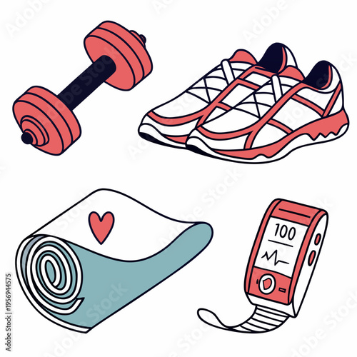 Fitness and exercise including dumbbell, sneakers, yoga mat, and heart rate monitor