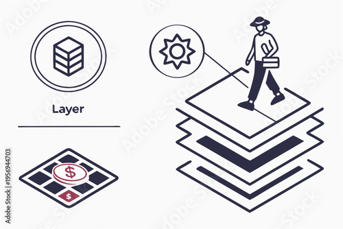 Stack of layers with a person and cube gear