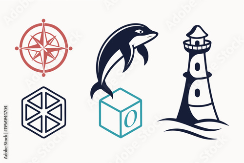 Nautical including compass, dolphin, and lighthouse cube