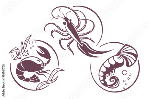 Purple of sea creatures shrimp squid seahorse