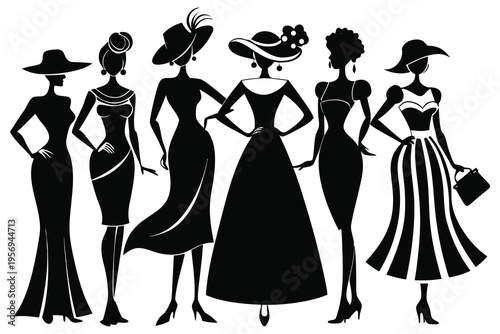 A black and white silhouette illustration of six glamorous women in fashionable 1950s-style dresses and accessories. The silhouettes are arranged in a row against a white background