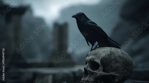Black Raven Resting on a Human Skull among Dark Ruins