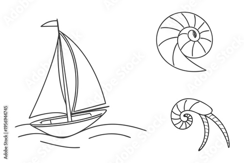 Sailboat and nautilus shell ocean line nature