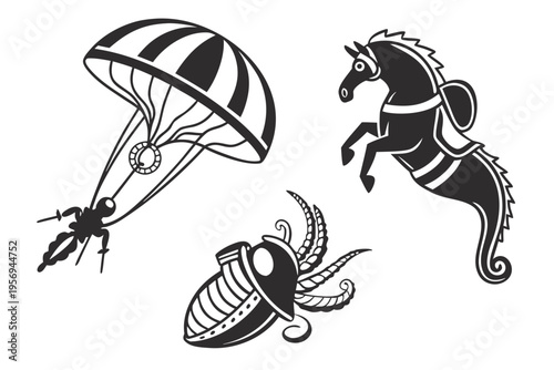 Black and white of adventure and animals parachute horse beetle