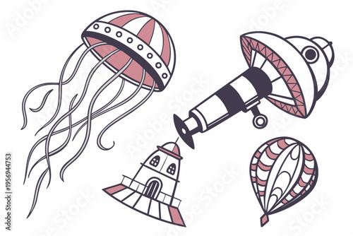 Whimsical of sea creatures and space jellyfish lighthouse submarine hot air balloon