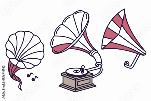 Vintage gramophone with red and white horn speakers and musical notes