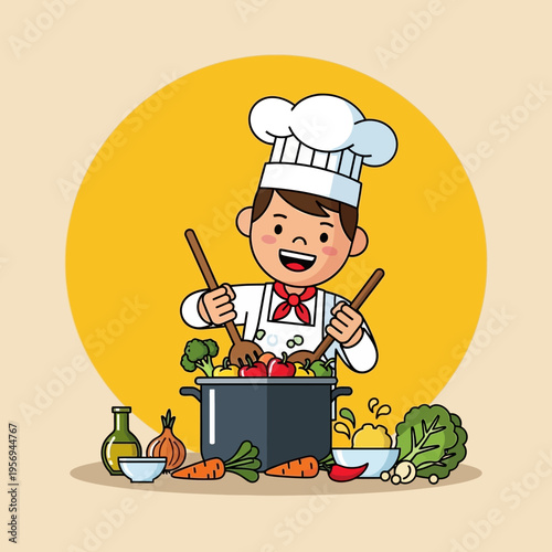 Happy Chef Cooking Healthy Food in Pot with Vegetables and Ingredients