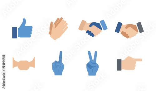 Flat hand gesture icons set with clapping handshake thumbs up and hand signs vector illustration