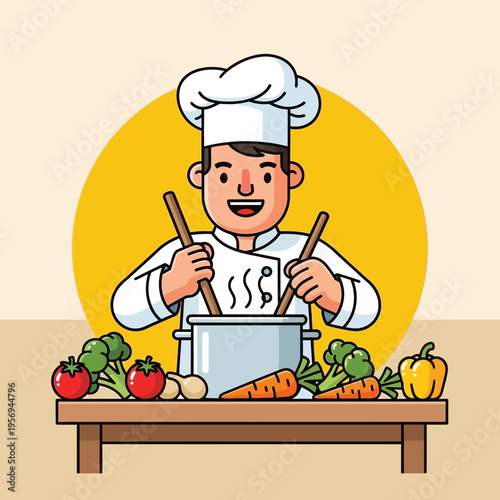 Happy Chef Cooking Healthy Food with Fresh Vegetables in Kitchen