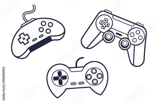 Three game controllers in outline style gamepads gaming