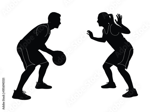 Vector silhouette of two basketball players engaged in a competitive one-on-one game on a court