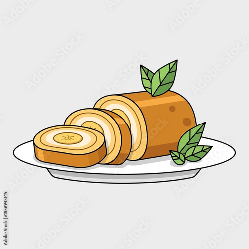 Delicious Swiss Roll Cake Slices on White Plate with Mint Leaves, Dessert Food Photography