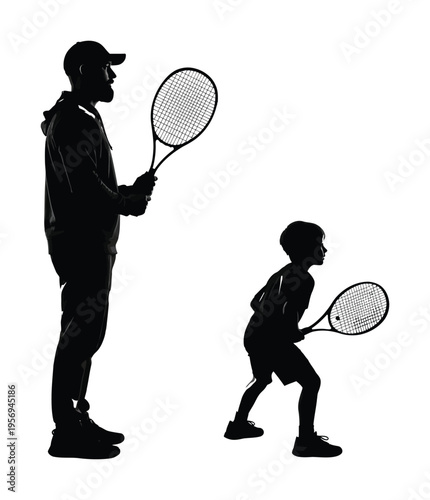Silhouette vector of an adult man and a child holding tennis rackets in a sporty stance