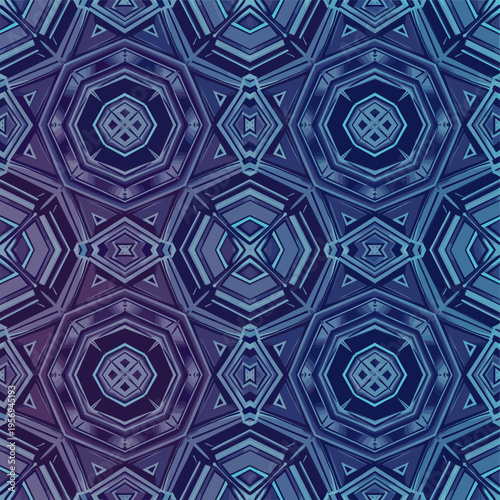 Seamless geometric pattern with octagonal and diamond shapes in gradient blue and purple tones, creating an abstract and modern design.