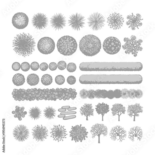 Vector collection of tree and plant icons showcasing various styles and shapes for landscape design
