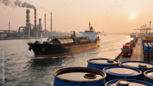 tanker ship near industrial refinery, global energy transportation, oil and gas industry concept