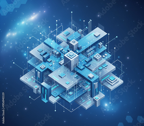 Isometric 3d vector illustration of an abstract technology background featuring an urban city office building and residential estate construction plan for modern business architecture design
