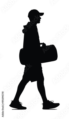 Silhouette vector of a man walking while carrying a duffel bag and wearing a cap