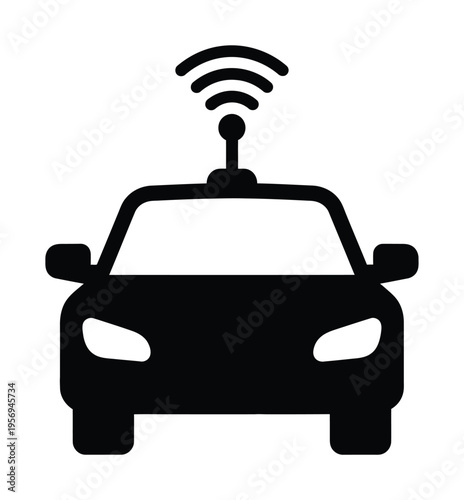 Vector icon of a car with an antenna emitting wireless signal waves from the top