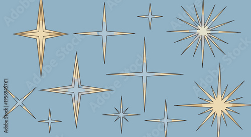 A collection of stylized starbursts and four-pointed stars in various sizes and shades of gold and white against a soft blue background.