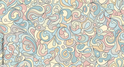 Whimsical and intricate seamless pattern featuring abstract organic shapes in a soothing pastel color palette.