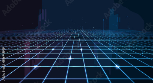 Futuristic glowing blue grid on a dark background representing digital data and advanced technology.