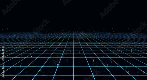 Abstract blue glowing grid pattern on a dark background representing digital space or virtual reality.
