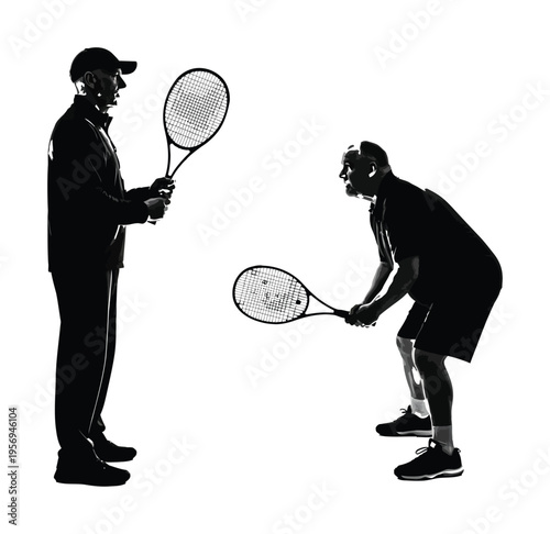 Two silhouetted figures holding tennis rackets in a vector of a training session