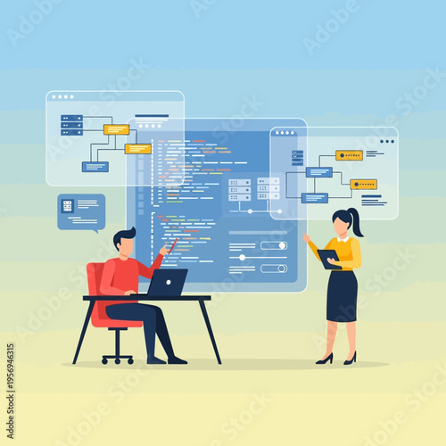 Software developers collaborating on code and system architecture, digital illustration