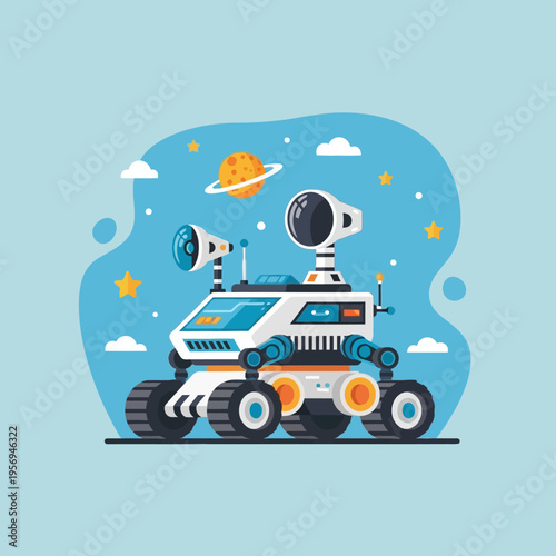 Space exploration rover on a blue background with stars and planets