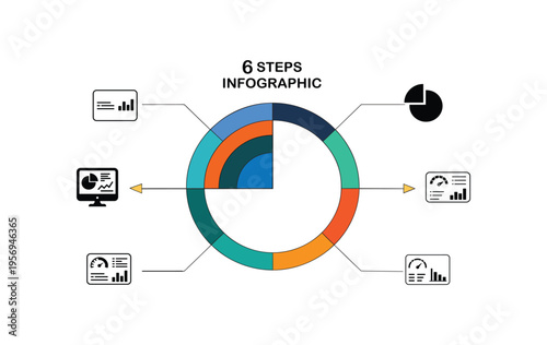 6-step process infographic with colorful circular flowchart and icons