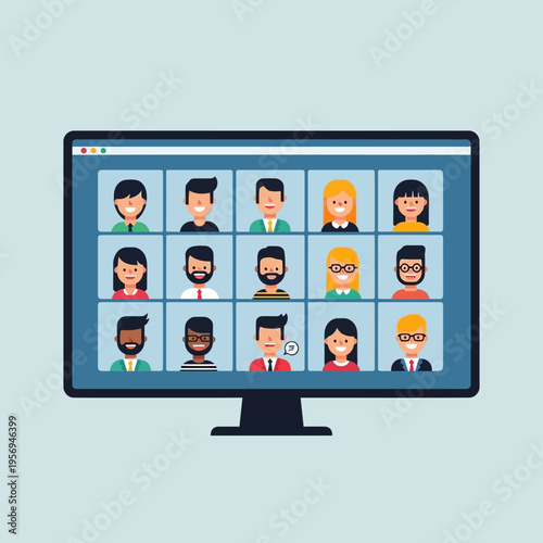 Video conference call with diverse people on computer screen, online meeting, remote work