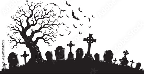 Spooky graveyard scene with bare tree and flying bats