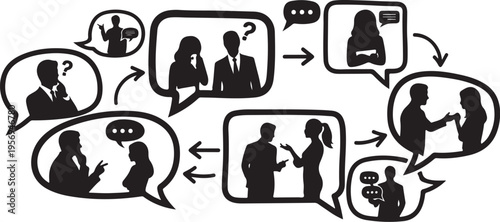 Business Communication and Teamwork Concept Illustration in Black Silhouettes