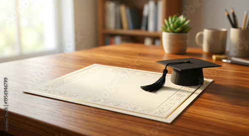 A pristine diploma certificate resting on a polished wooden desk with a miniature graduation cap beside it.