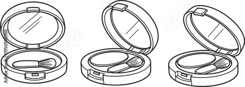 Line art illustration of an open compact makeup case with a mirror, containing a makeup pan and a small applicator brush, shown from three slightly different angles.