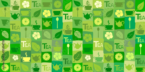 Green tea. Seamless pattern with tea pots and tea cups. Endless texture can be used for package design, menu, printing onto fabric and paper or scrap booking. Hot drinks menu. Vector Illustration