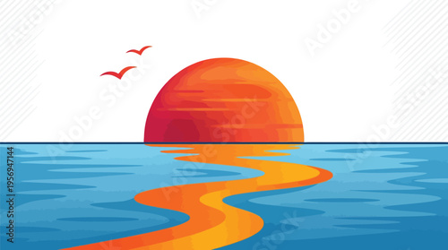 A serene sunset over calm ocean waters with birds flying overhead